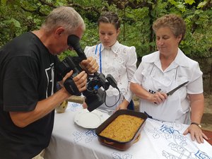 Nemesi Istvánné és unokája, Anna a tepsis krumplibaba szeletelése előtt